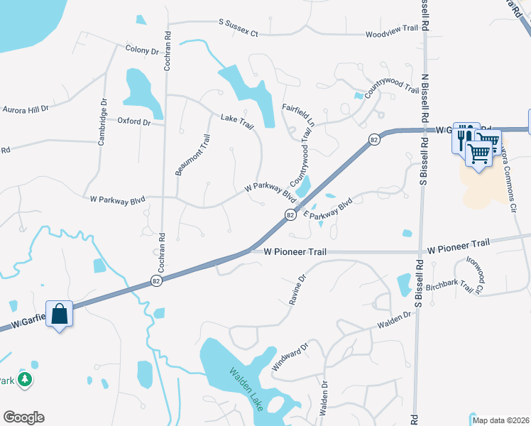 map of restaurants, bars, coffee shops, grocery stores, and more near 100 Clearbrook Lane in Aurora