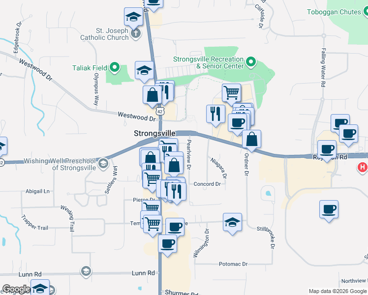 map of restaurants, bars, coffee shops, grocery stores, and more near 13963 Pearlview Drive in Strongsville
