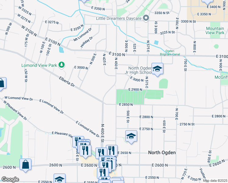 map of restaurants, bars, coffee shops, grocery stores, and more near 2881 North 450 East in Ogden