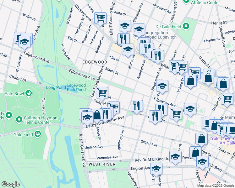 map of restaurants, bars, coffee shops, grocery stores, and more near 90 Norton Street in New Haven
