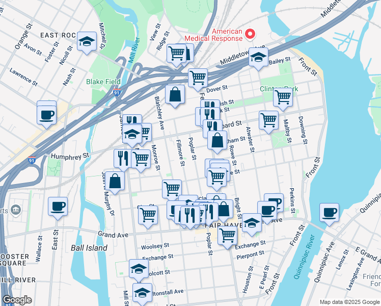 map of restaurants, bars, coffee shops, grocery stores, and more near 434 Poplar Street in New Haven