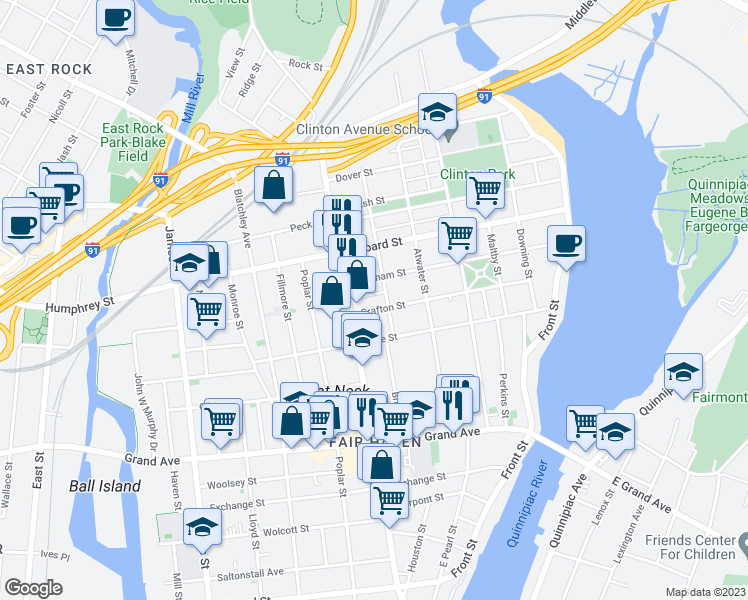 map of restaurants, bars, coffee shops, grocery stores, and more near 160 Grafton Street in New Haven