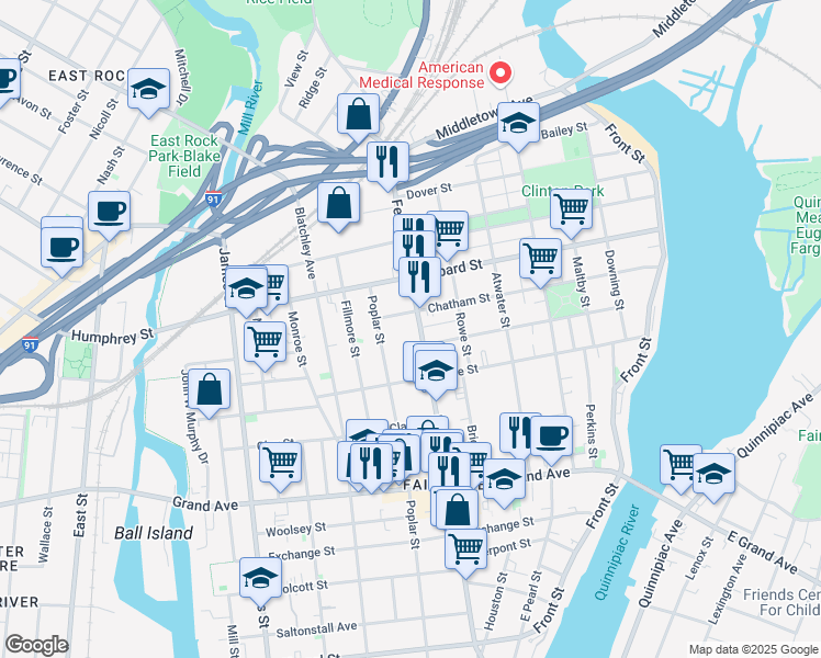 map of restaurants, bars, coffee shops, grocery stores, and more near 480 Ferry Street in New Haven