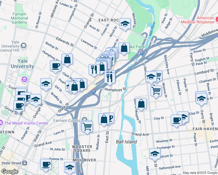 map of restaurants, bars, coffee shops, grocery stores, and more near 507 East Street in New Haven