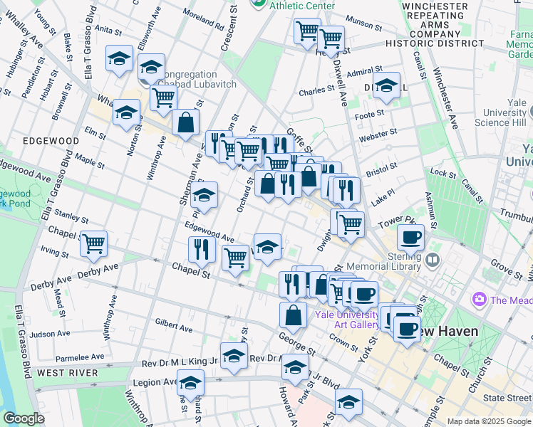 map of restaurants, bars, coffee shops, grocery stores, and more near 100 Kensington Street in New Haven