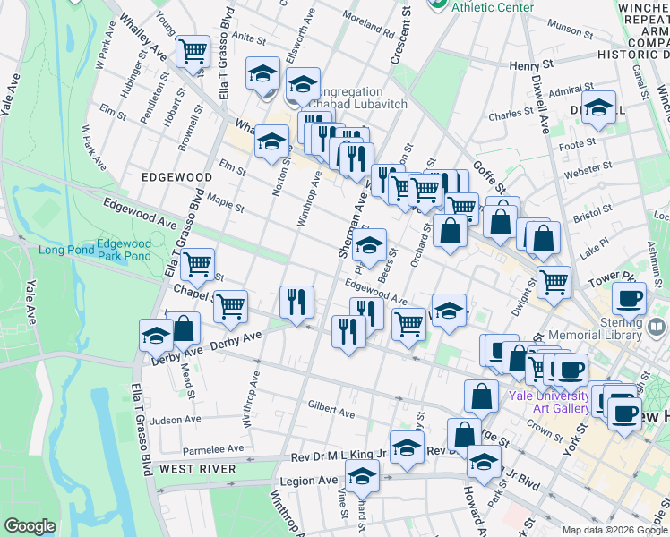 map of restaurants, bars, coffee shops, grocery stores, and more near 209 Sherman Avenue in New Haven