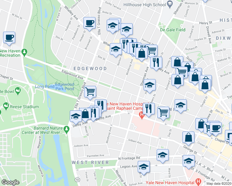 map of restaurants, bars, coffee shops, grocery stores, and more near 322 Winthrop Avenue in New Haven