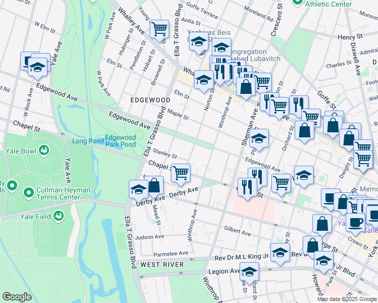 map of restaurants, bars, coffee shops, grocery stores, and more near 79 Norton Street in New Haven