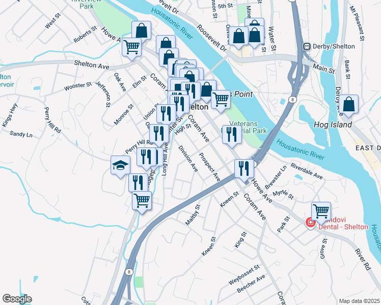 map of restaurants, bars, coffee shops, grocery stores, and more near 188 Division Avenue in Shelton