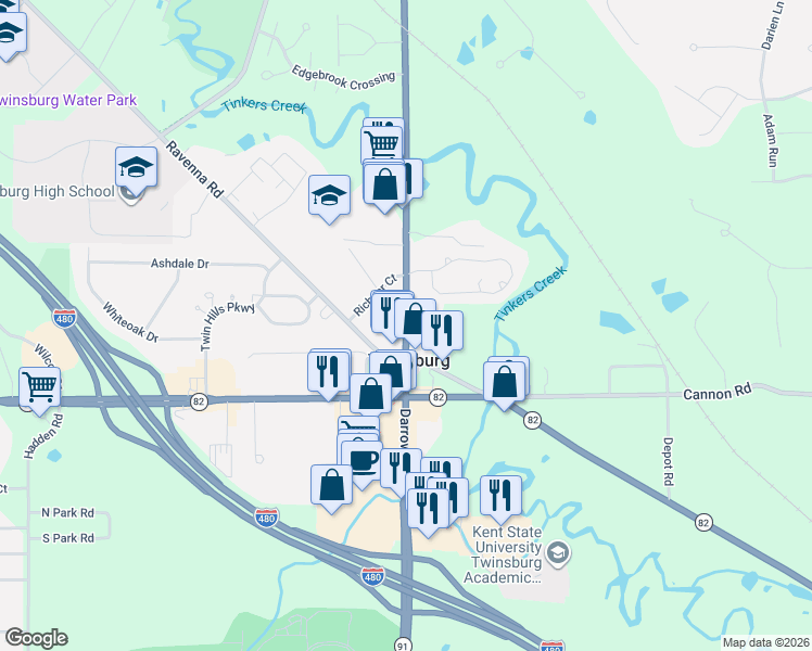 map of restaurants, bars, coffee shops, grocery stores, and more near 9106 Darrow Road in Twinsburg