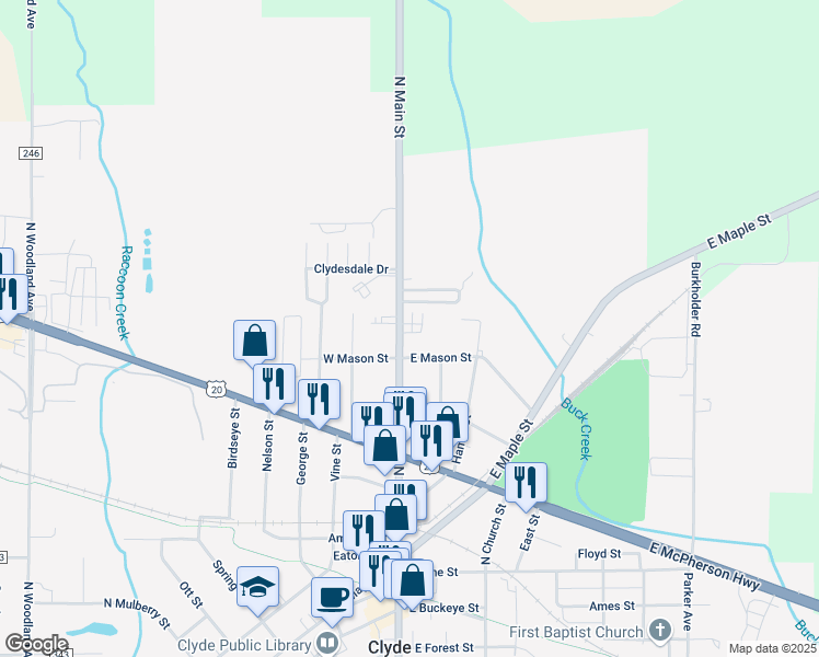 map of restaurants, bars, coffee shops, grocery stores, and more near 117 East Mason Street in Clyde
