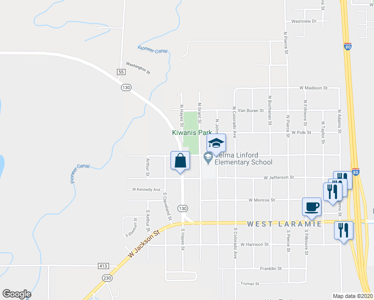 map of restaurants, bars, coffee shops, grocery stores, and more near 2377 West Wyoming Avenue in Laramie