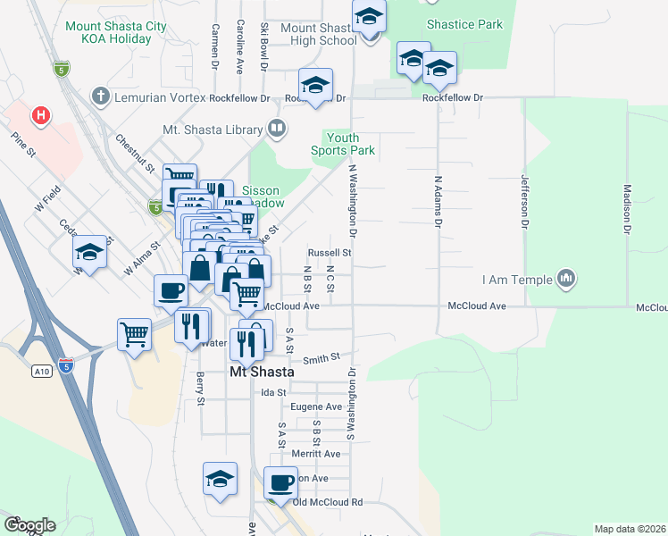 map of restaurants, bars, coffee shops, grocery stores, and more near 110 North C Street in Mount Shasta