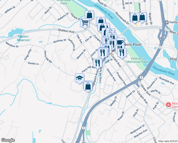 map of restaurants, bars, coffee shops, grocery stores, and more near 18 Congress Avenue in Shelton