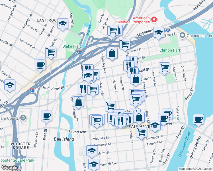 map of restaurants, bars, coffee shops, grocery stores, and more near 412 Blatchley Avenue in New Haven