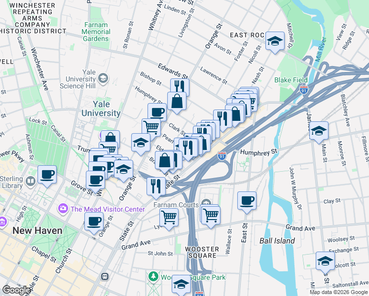 map of restaurants, bars, coffee shops, grocery stores, and more near 37 Pearl Street in New Haven