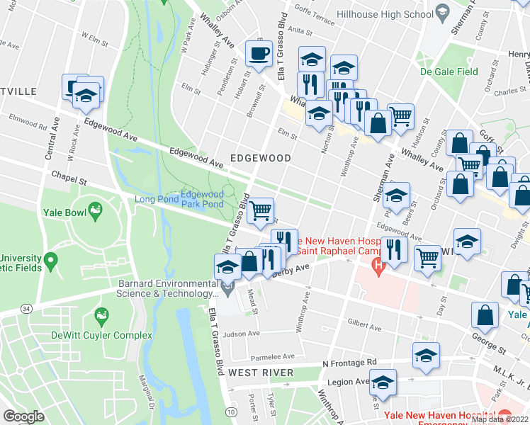 map of restaurants, bars, coffee shops, grocery stores, and more near 47 Stanley Street in New Haven