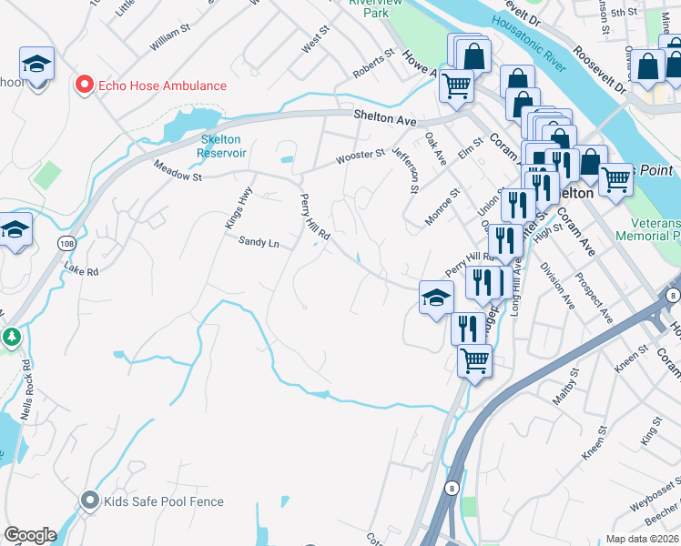map of restaurants, bars, coffee shops, grocery stores, and more near 80 Perry Hill Road in Shelton