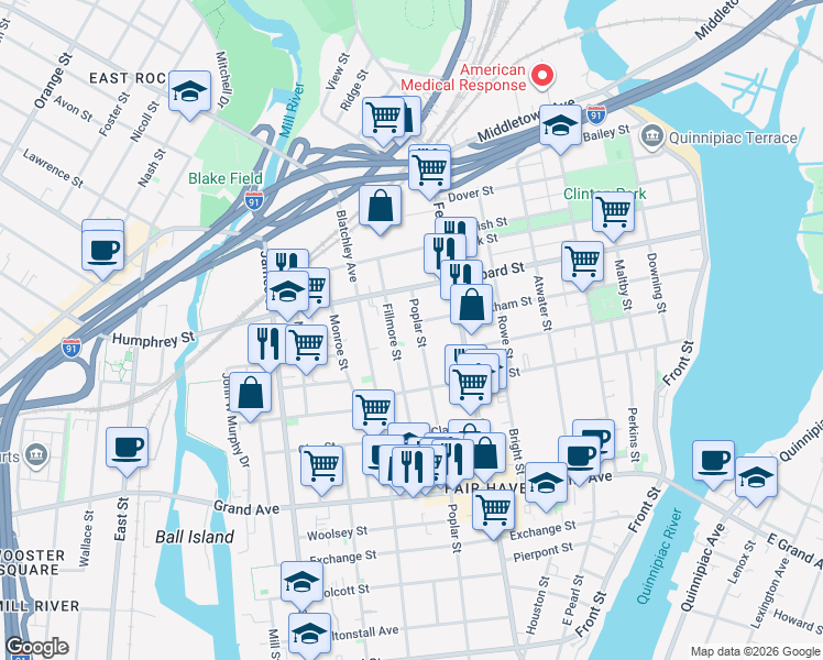 map of restaurants, bars, coffee shops, grocery stores, and more near 414 Poplar Street in New Haven