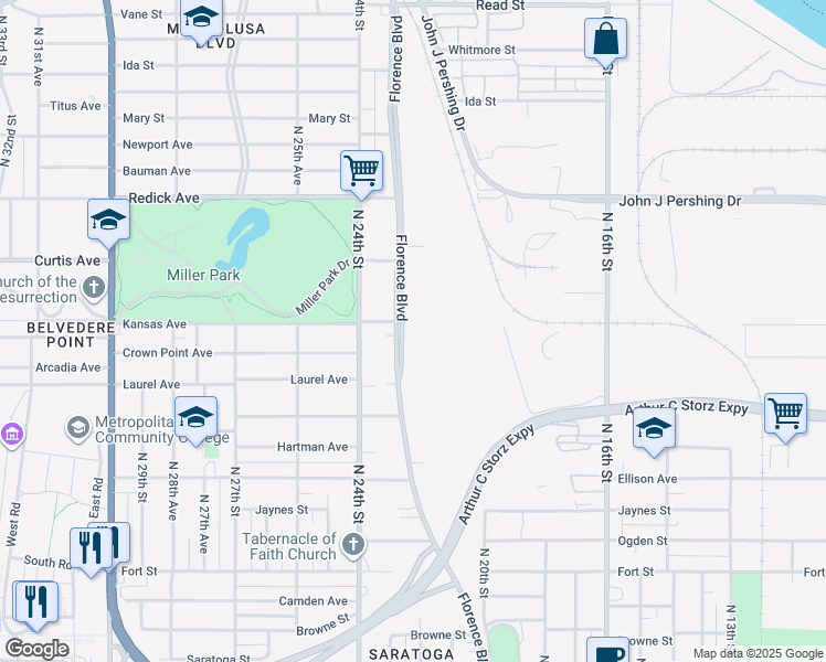 map of restaurants, bars, coffee shops, grocery stores, and more near 5837 Florence Boulevard in Omaha