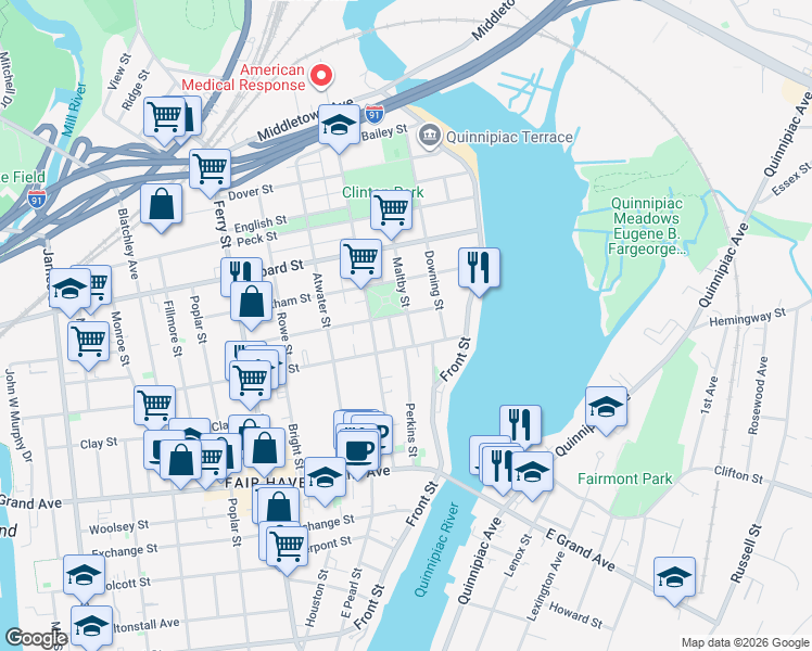 map of restaurants, bars, coffee shops, grocery stores, and more near 20 Maltby Street in New Haven