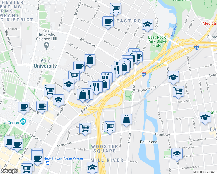 map of restaurants, bars, coffee shops, grocery stores, and more near 843 State Street in New Haven