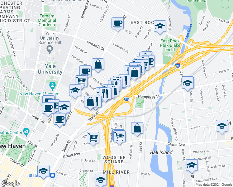 map of restaurants, bars, coffee shops, grocery stores, and more near 843 State Street in New Haven