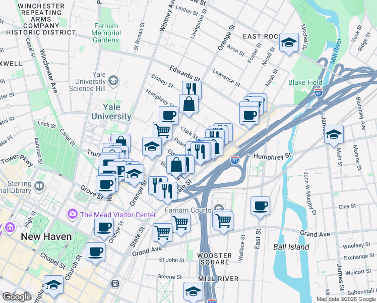 map of restaurants, bars, coffee shops, grocery stores, and more near 20 Eld Street in New Haven