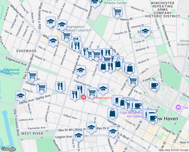 map of restaurants, bars, coffee shops, grocery stores, and more near 428 Orchard Street in New Haven