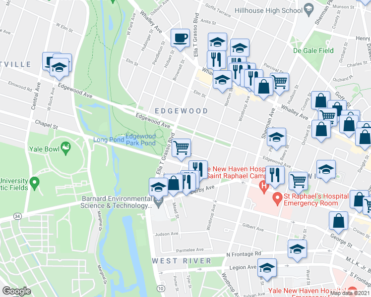 map of restaurants, bars, coffee shops, grocery stores, and more near 30 Stanley Street in New Haven