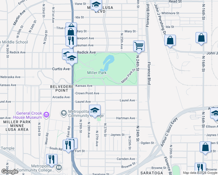 map of restaurants, bars, coffee shops, grocery stores, and more near 2575 Crown Point Avenue in Omaha