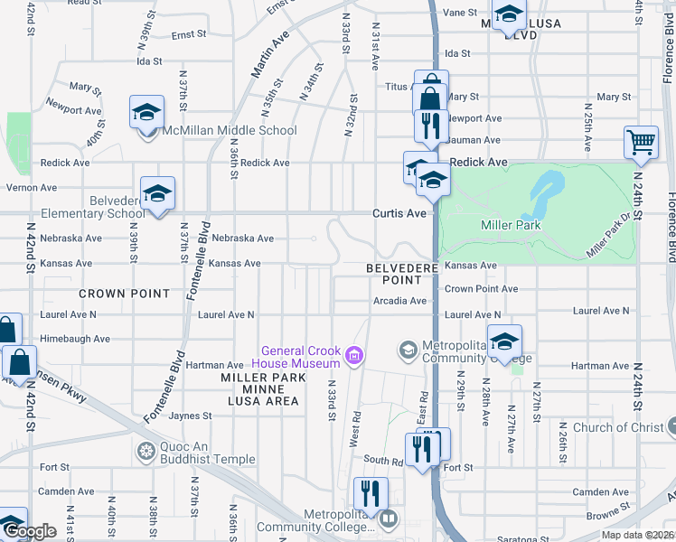 map of restaurants, bars, coffee shops, grocery stores, and more near 3180 Arcadia Avenue in Omaha