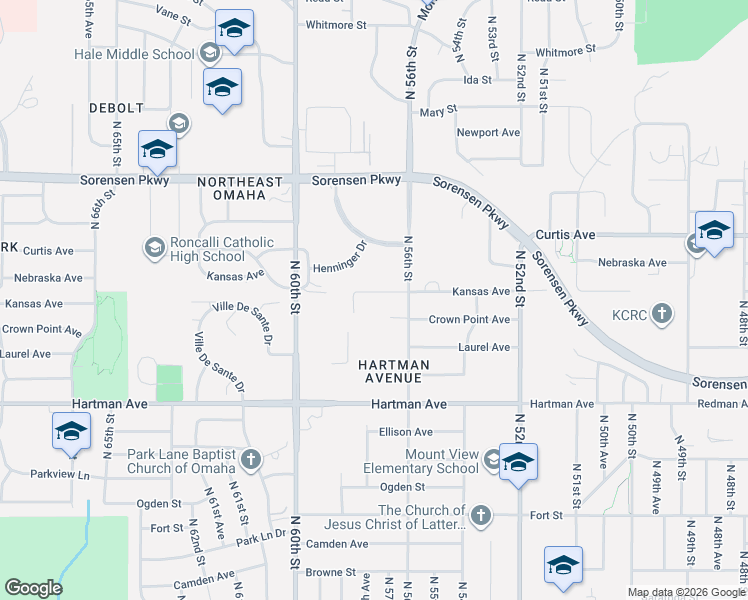 map of restaurants, bars, coffee shops, grocery stores, and more near 5628 Crown Point Avenue in Omaha