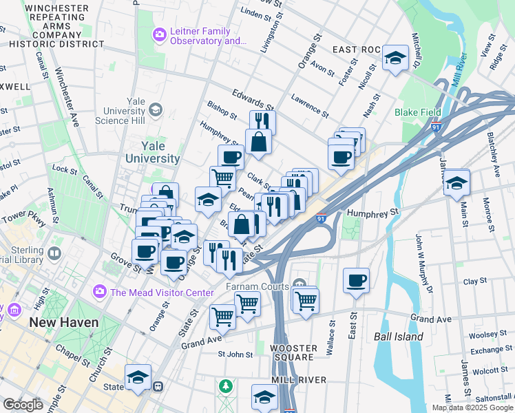 map of restaurants, bars, coffee shops, grocery stores, and more near 20 Eld Street in New Haven