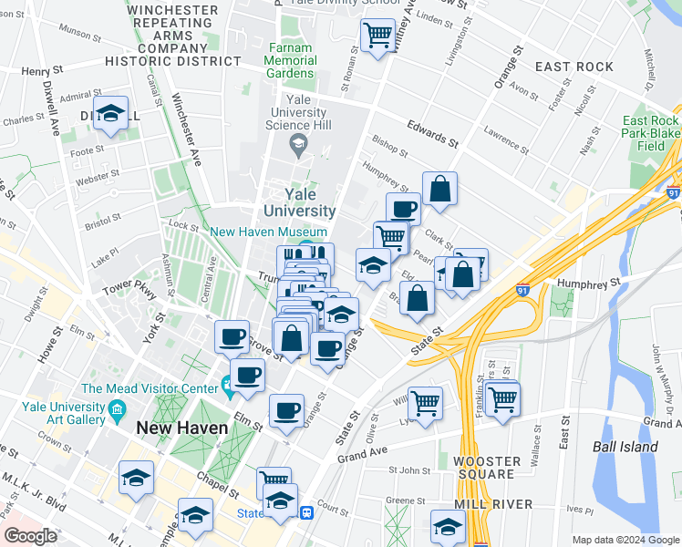 map of restaurants, bars, coffee shops, grocery stores, and more near 256 Bradley Street in New Haven