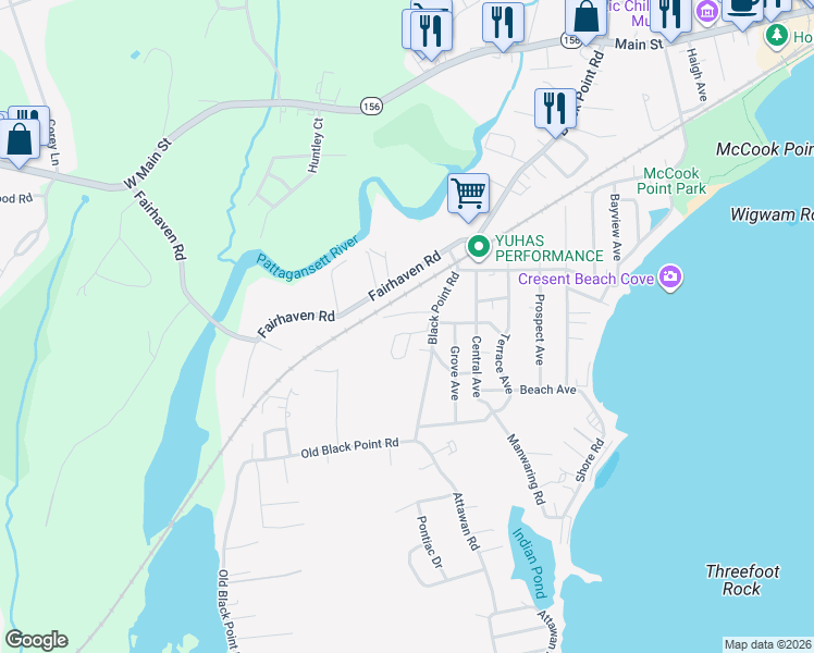 map of restaurants, bars, coffee shops, grocery stores, and more near 133 Black Point Road in East Lyme