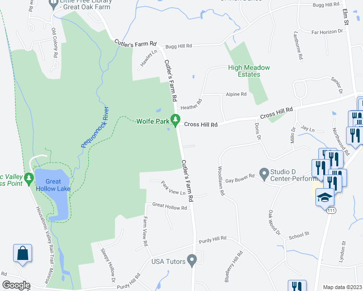 map of restaurants, bars, coffee shops, grocery stores, and more near 260 Cutler's Farm Road in Monroe