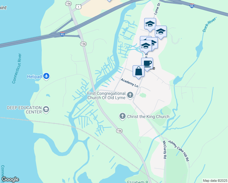 map of restaurants, bars, coffee shops, grocery stores, and more near 2 Lieutenant River Lane in Old Lyme