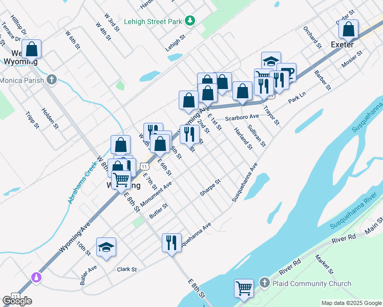 map of restaurants, bars, coffee shops, grocery stores, and more near 43-45 E 3rd St in Wyoming