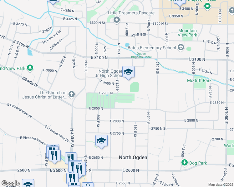 map of restaurants, bars, coffee shops, grocery stores, and more near East 2900 North in North Ogden