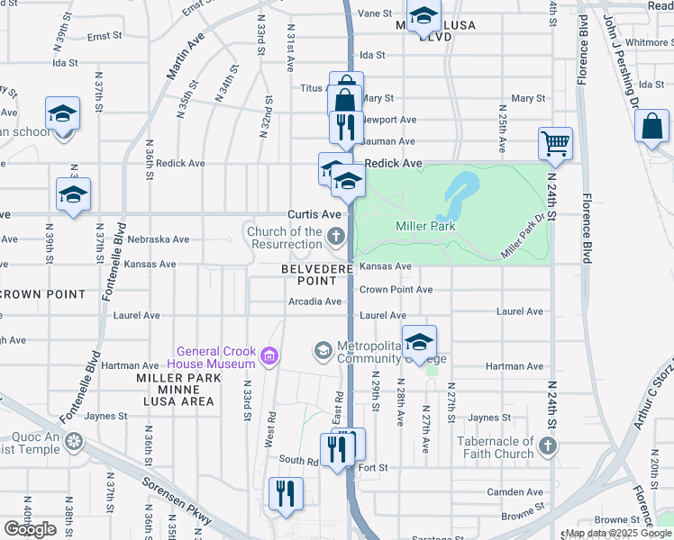 map of restaurants, bars, coffee shops, grocery stores, and more near 3004 Belvedere Boulevard in Omaha