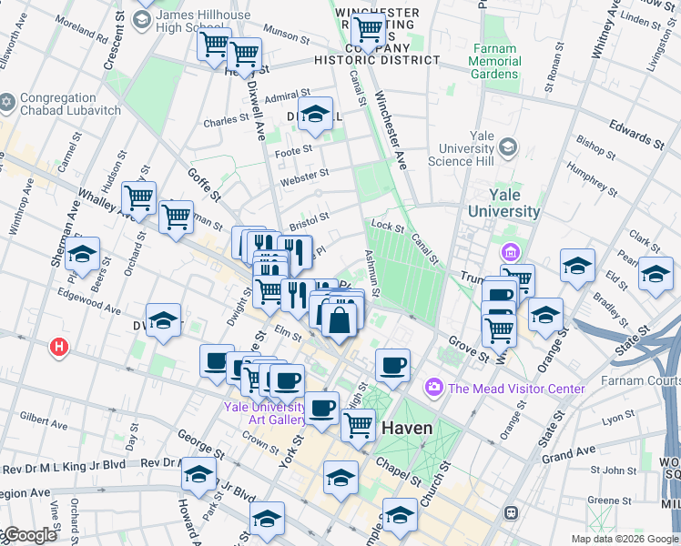 map of restaurants, bars, coffee shops, grocery stores, and more near 92 York Square Place in New Haven