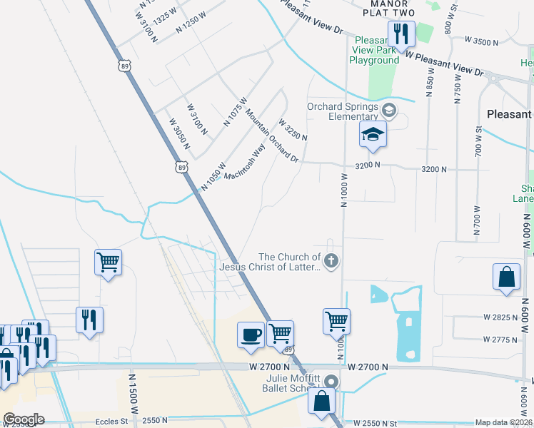 map of restaurants, bars, coffee shops, grocery stores, and more near 3090 North Highway 89 Highway in Pleasant View