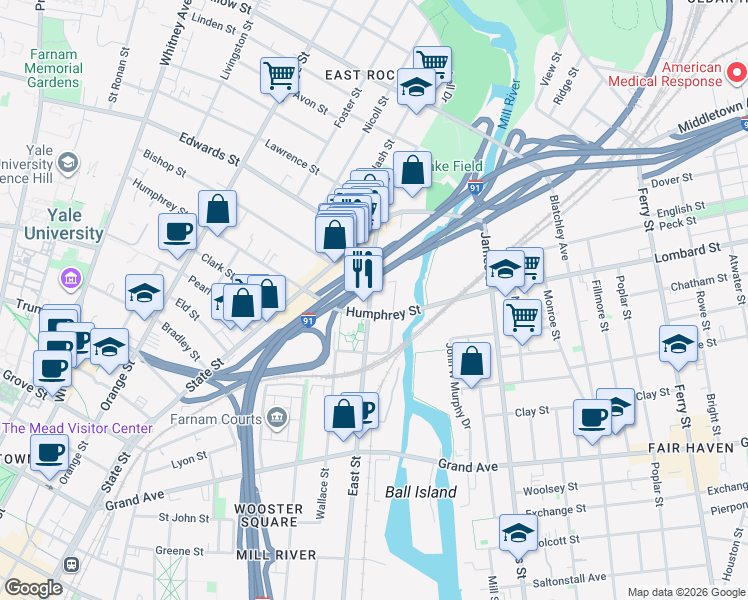 map of restaurants, bars, coffee shops, grocery stores, and more near 545 East Street in New Haven