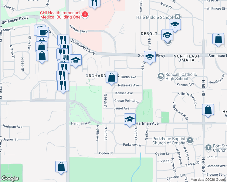 map of restaurants, bars, coffee shops, grocery stores, and more near 6128 North 68th Street in Omaha