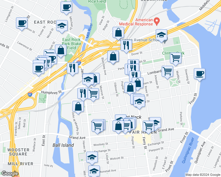 map of restaurants, bars, coffee shops, grocery stores, and more near 411 Blatchley Avenue in New Haven