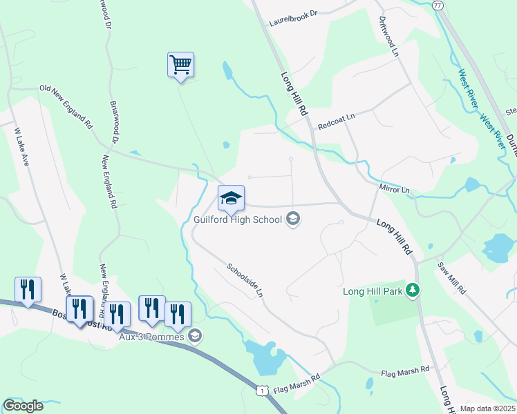 map of restaurants, bars, coffee shops, grocery stores, and more near 605 New England Road in Guilford