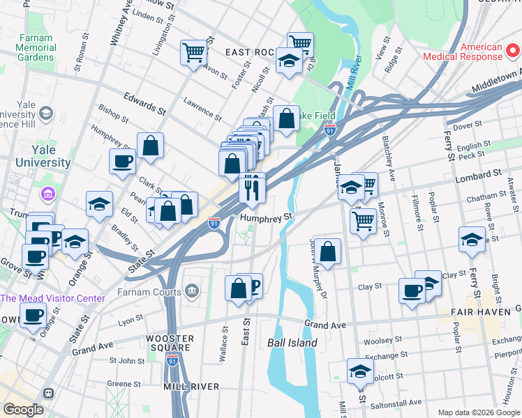 map of restaurants, bars, coffee shops, grocery stores, and more near 531 East Street in New Haven