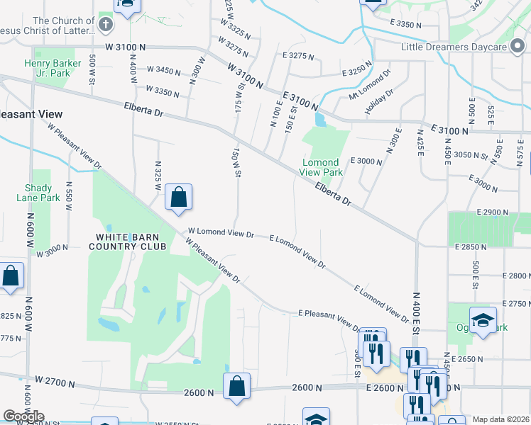 map of restaurants, bars, coffee shops, grocery stores, and more near 138 West Lomond View Drive in Ogden