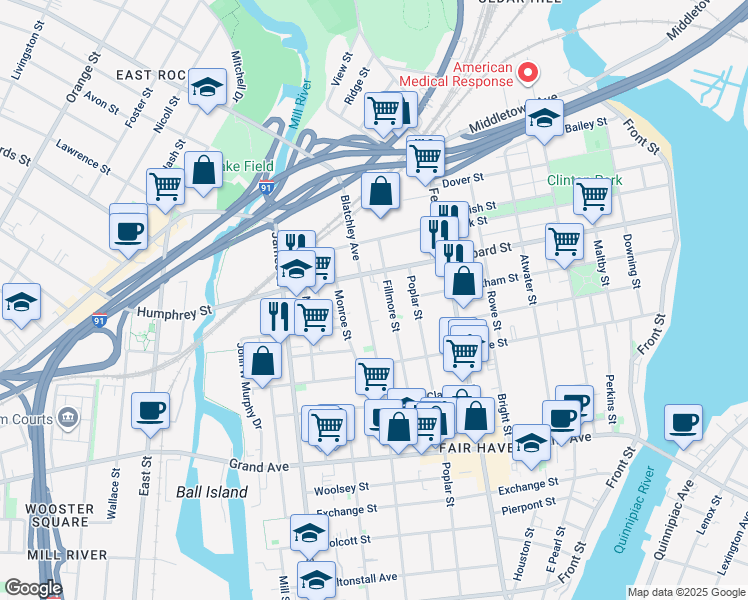 map of restaurants, bars, coffee shops, grocery stores, and more near 456 Lombard Street in New Haven